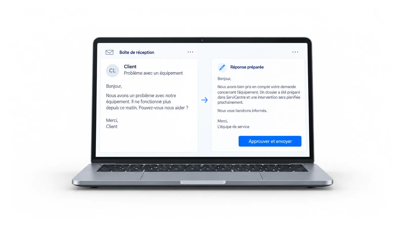 A laptop shows a customer’s email on the left and, on the right, a prepared reply awaiting approval.